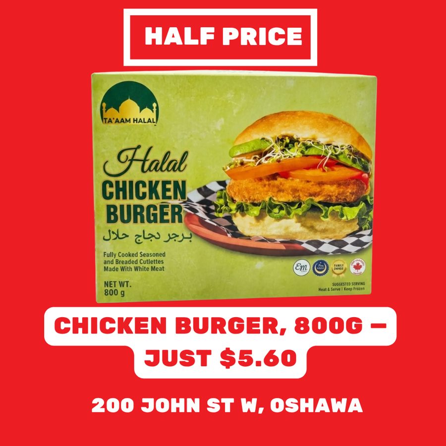 Halal chicken burgers at HALFPRICE in Oshawa
