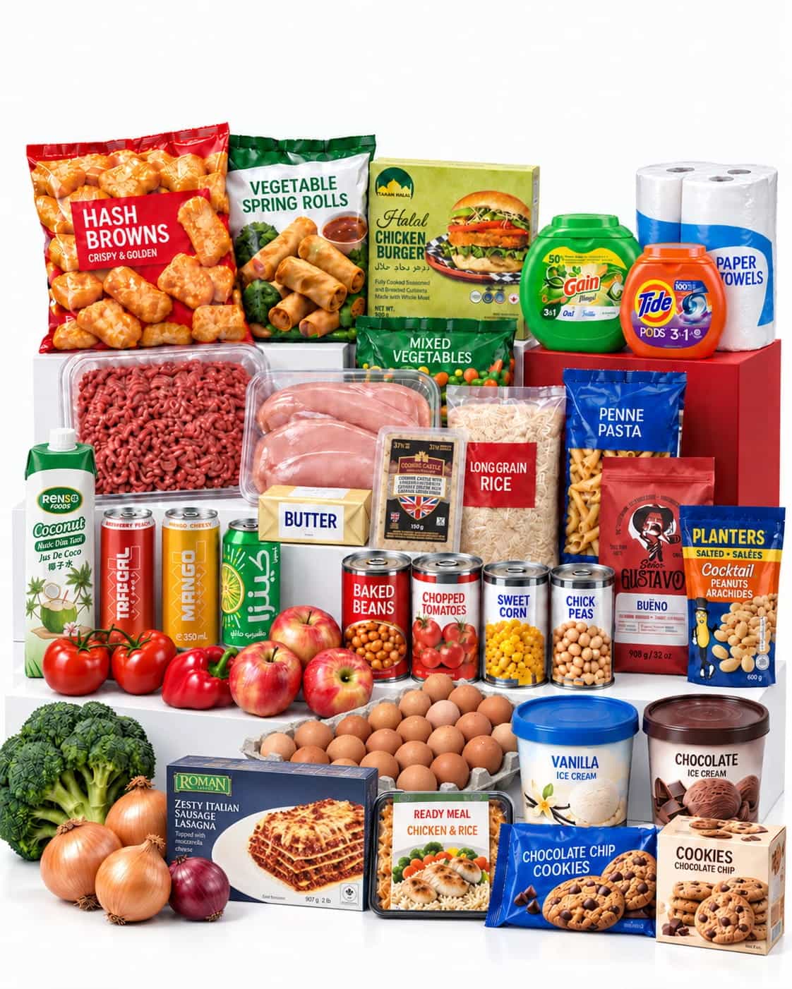 HALFPRICE product display with frozen foods, meat, eggs, fresh produce, pantry staples, drinks and everyday essentials