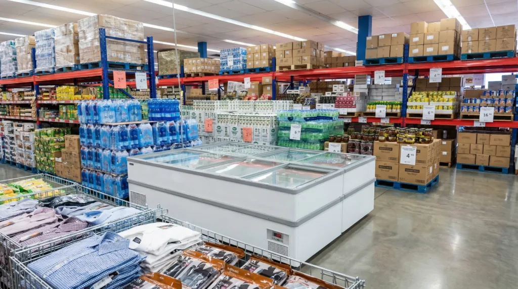 Wide view of HALFPRICE freezer cases, grocery shelves and bulk displays inside the Oshawa store