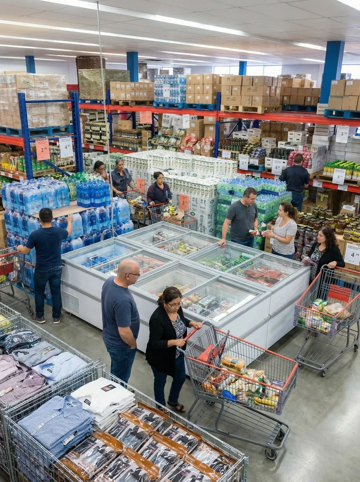 Elevated view of shoppers, freezer cases and grocery displays throughout the HALFPRICE store